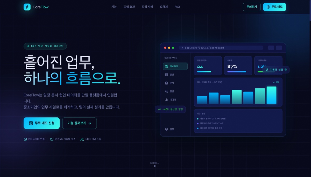 SW·솔루션 · CoreFlow — BizPage로 만든 실제 페이지